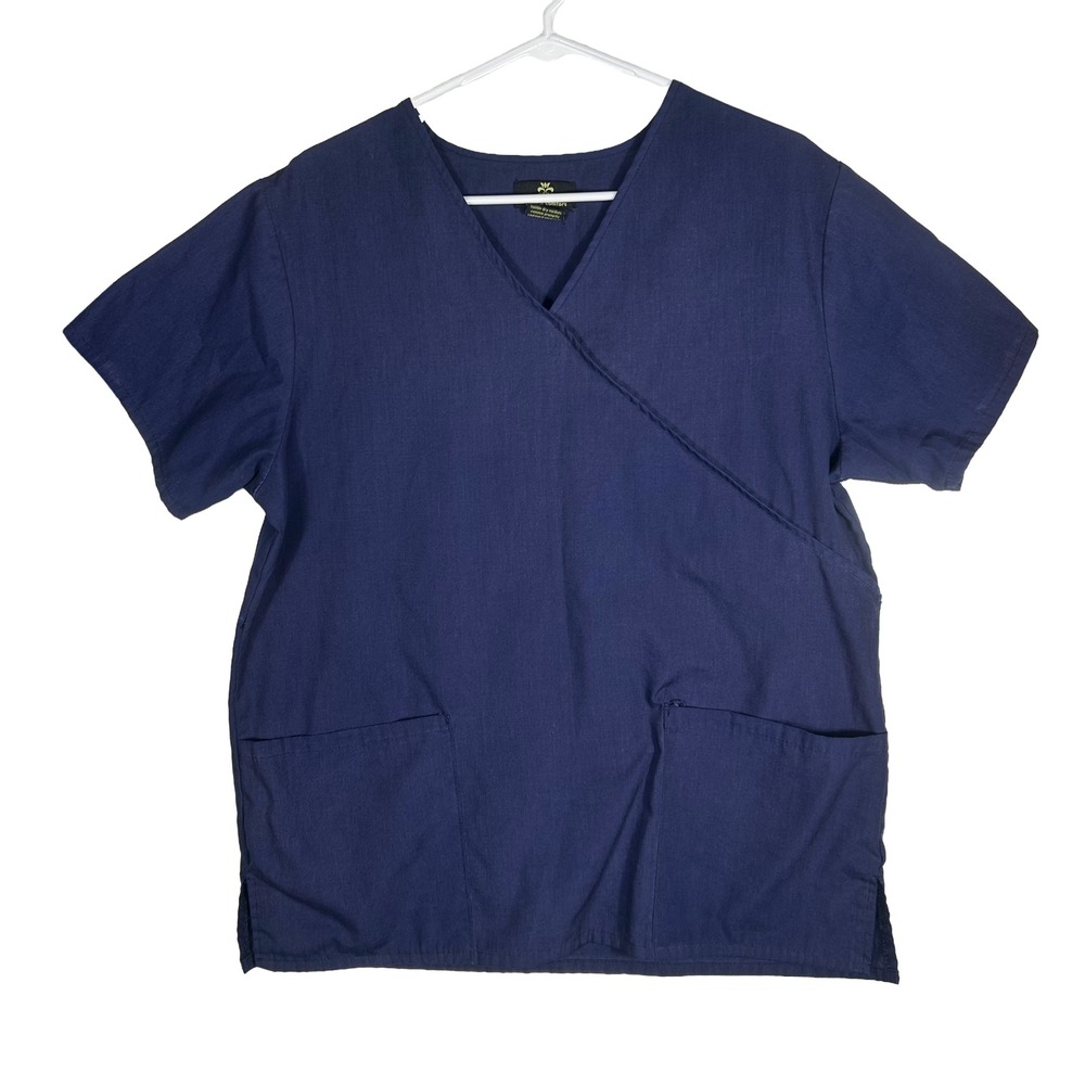 Natural Uniforms Womens Navy Blue Mock Wrap Scrub‎ Top V-Neck Size M Pockets